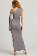 Off Shoulder Ruched Tie Detail Maxi Dress in Steel Grey