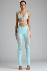 Petite Embellished Mid Rise Flared Trousers in Ice Blue