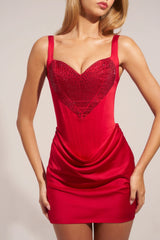 Satin Sweetheart Neck A Line Mini Dress in Rose Red