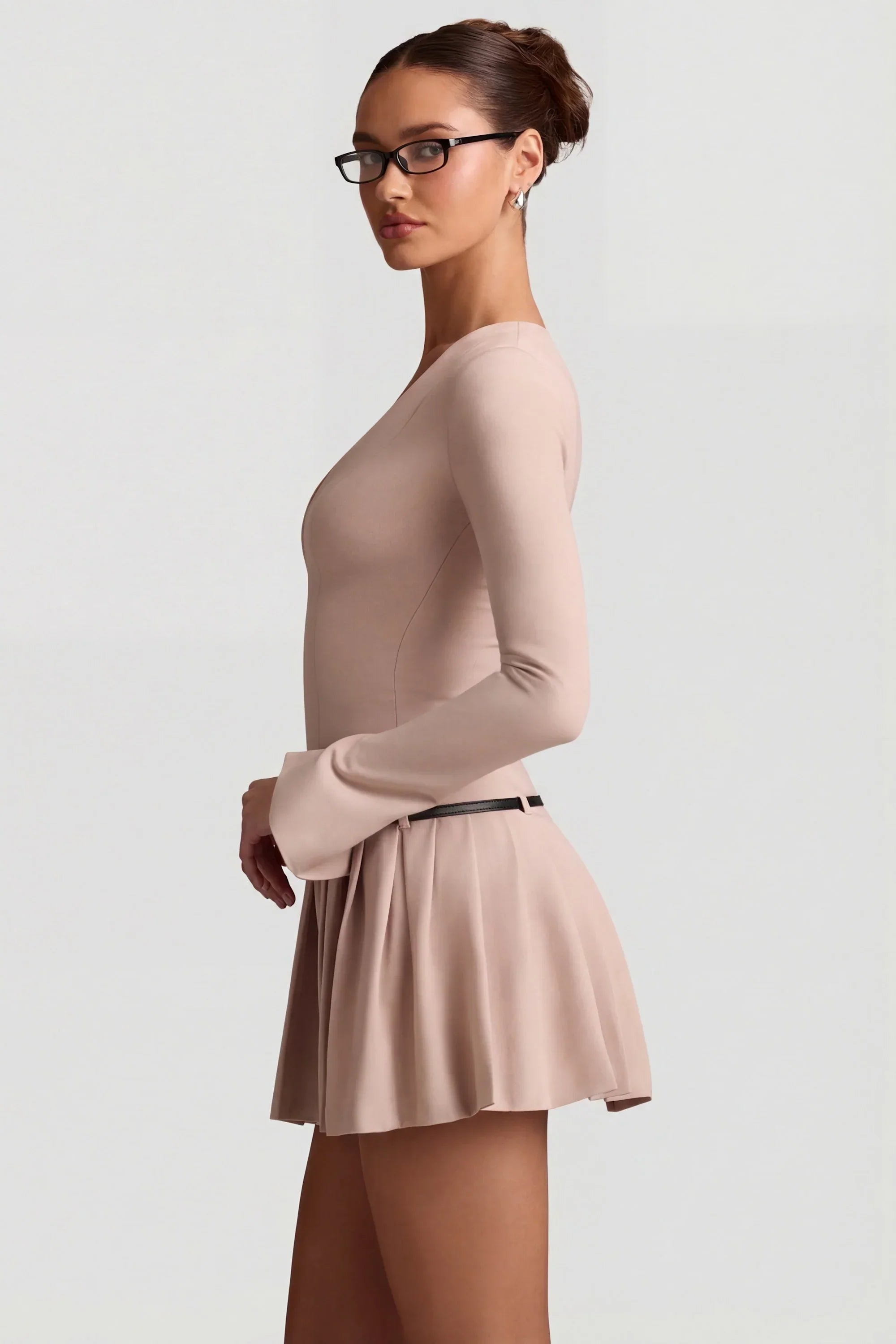 Long Sleeve Pleated Mini Dress in Mushroom