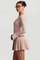 Long Sleeve Pleated Mini Dress in Mushroom