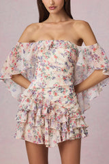 Off Shoulder Ruffled Mini Dress in Primrose Floral Print