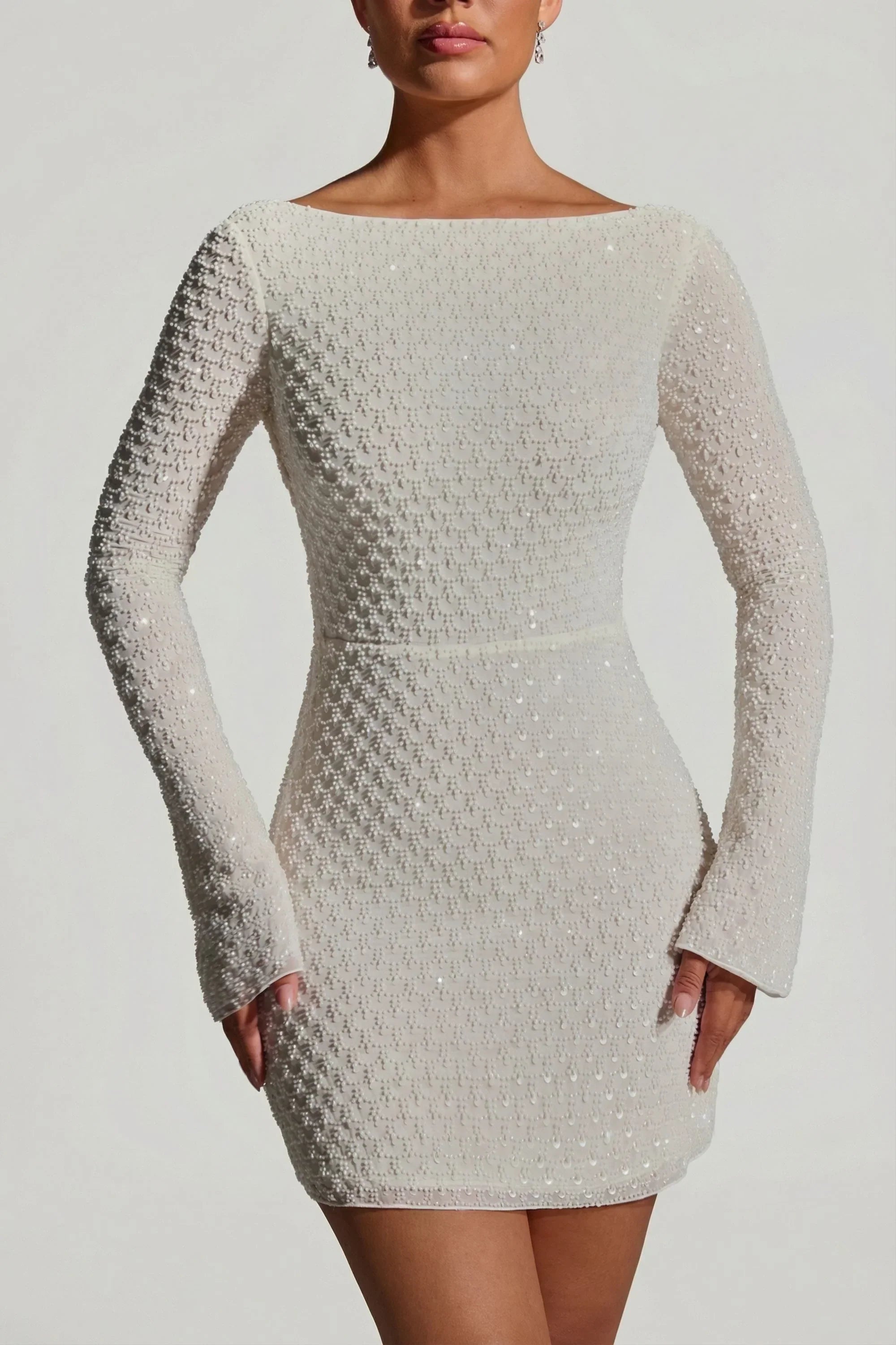 Embellished Open Back A Line Mini Dress in White
