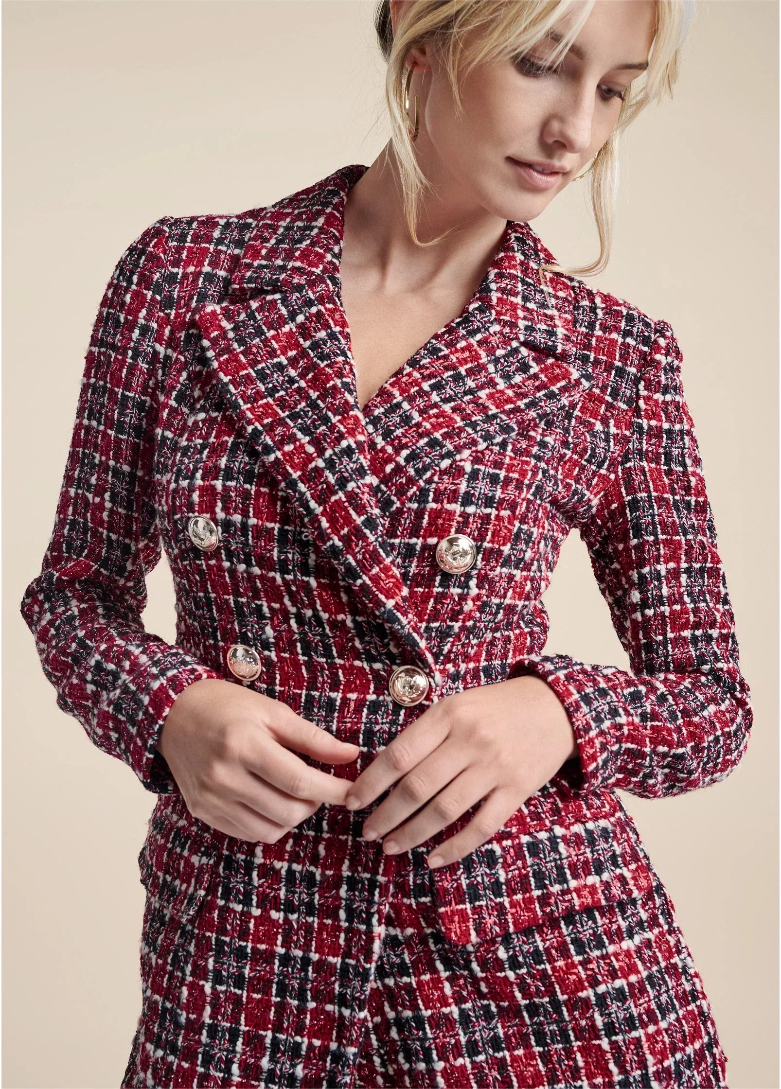 Tweed Button Detail Romper Red Black