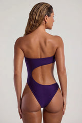 Bead Embellished Cut Out Bandeau Swimsuit in Deep Purple