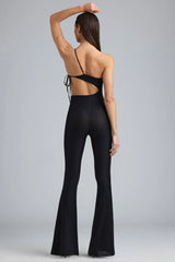 Metallic Ruched Cut Out Flared Jumpsuit in Black