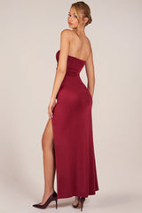 Bandeau Draped Thigh High Maxi Dress in Wine