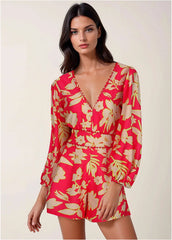 Linen Balloon Sleeve Romper Warm Block Floral