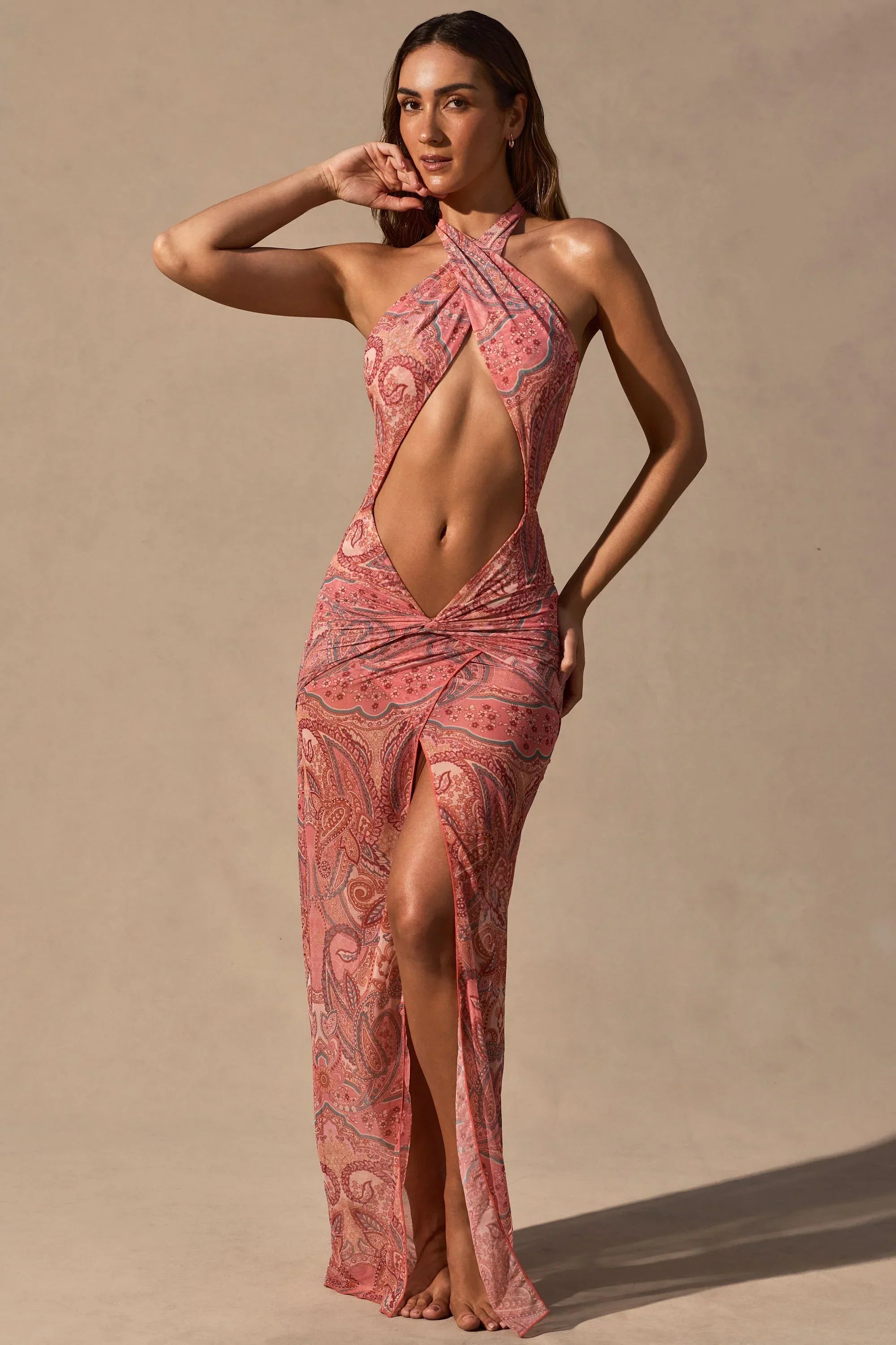 Cut Out Halterneck Maxi Dress in Paisley Print