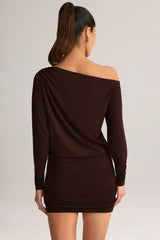 Modal Off Shoulder Wrap Mini Dress in Chocolate Brown