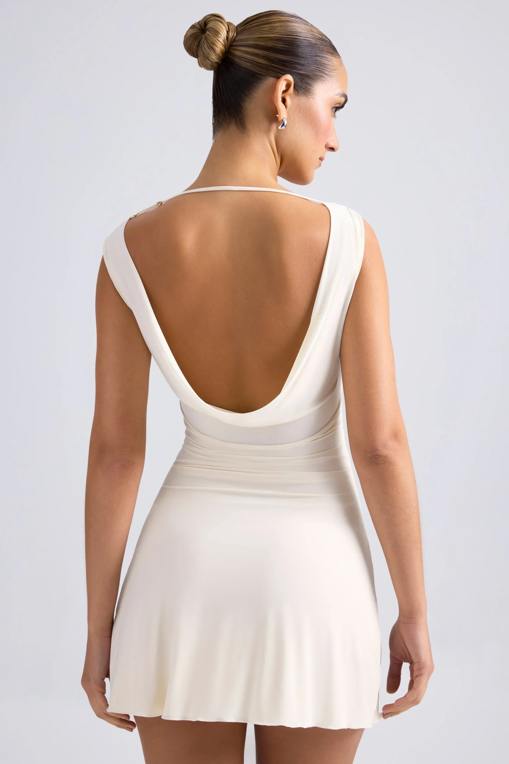 Off Shoulder Cowl Back A Line Mini Dress in Ivory