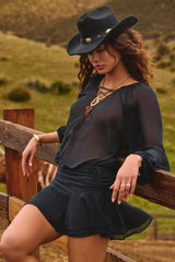 Lace Up Balloon Sleeve Mini Dress in Black