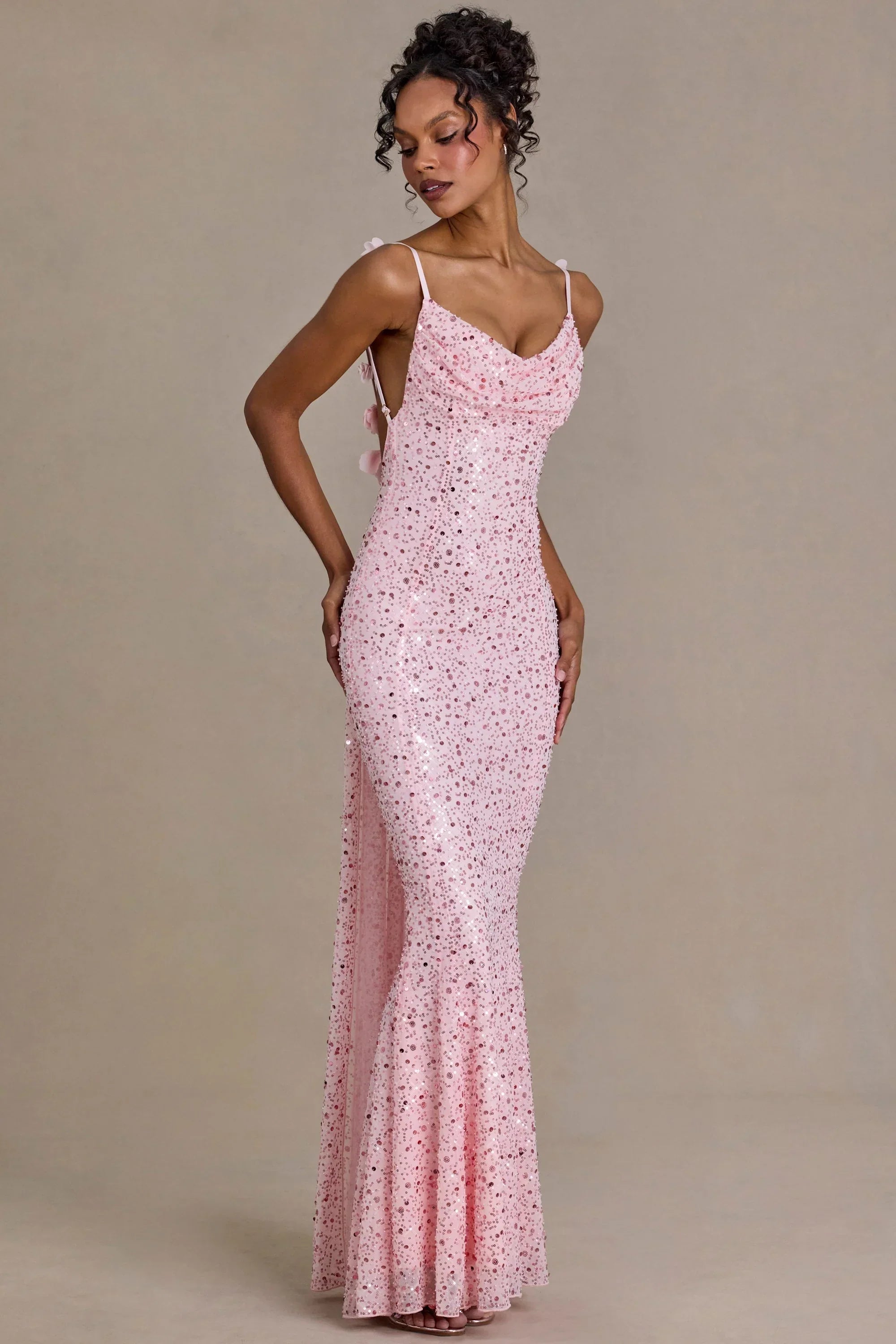 Embellished Open Back Maxi Dress in Baby Pink