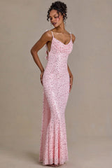 Embellished Open Back Maxi Dress in Baby Pink