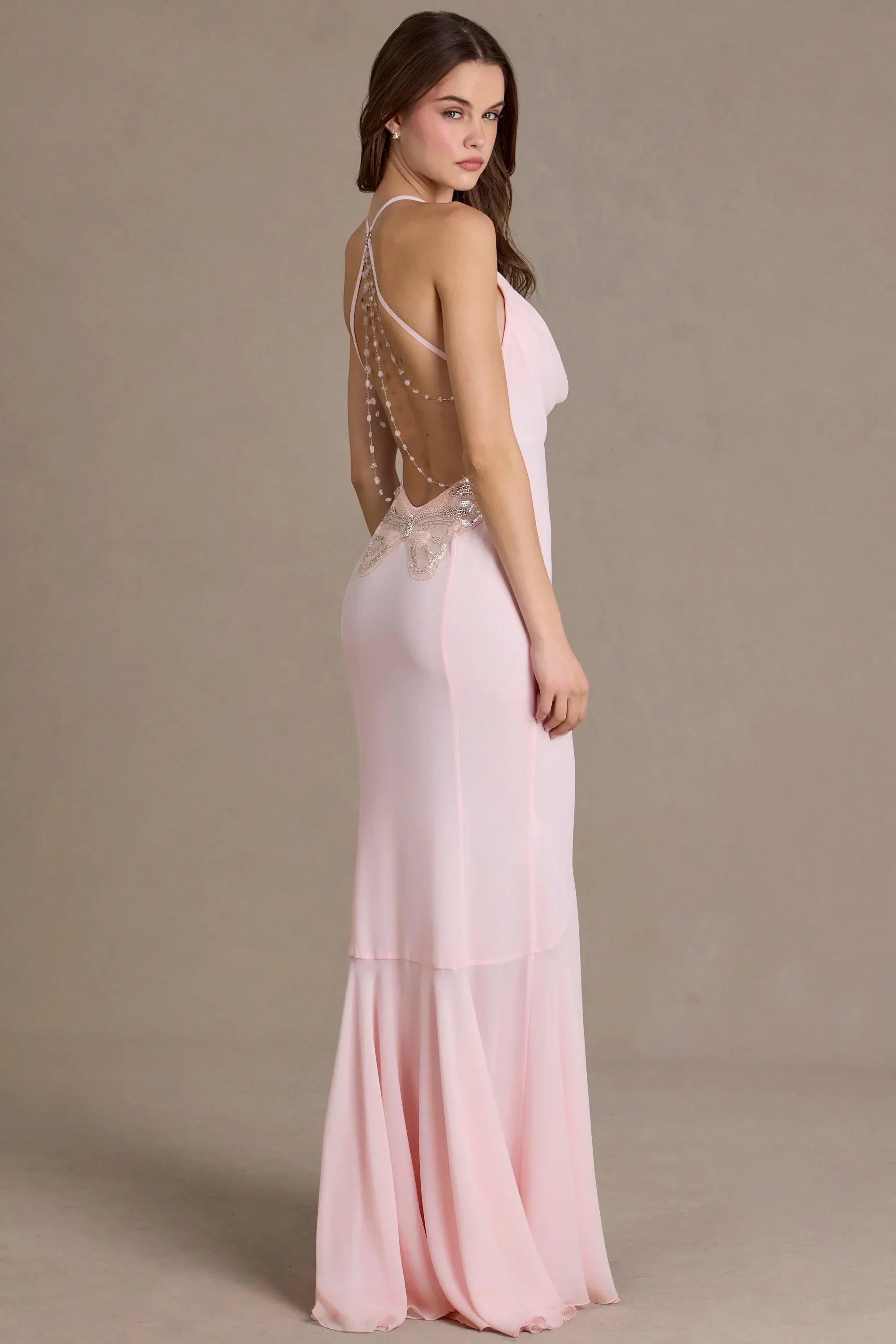 Chiffon Cowl Neck Open Back Gown in Baby Pink