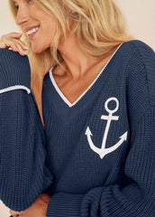 Anchor V Neck Sweater Navy White