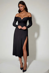 Off Shoulder Lace Up A Line Midaxi Dress in Black