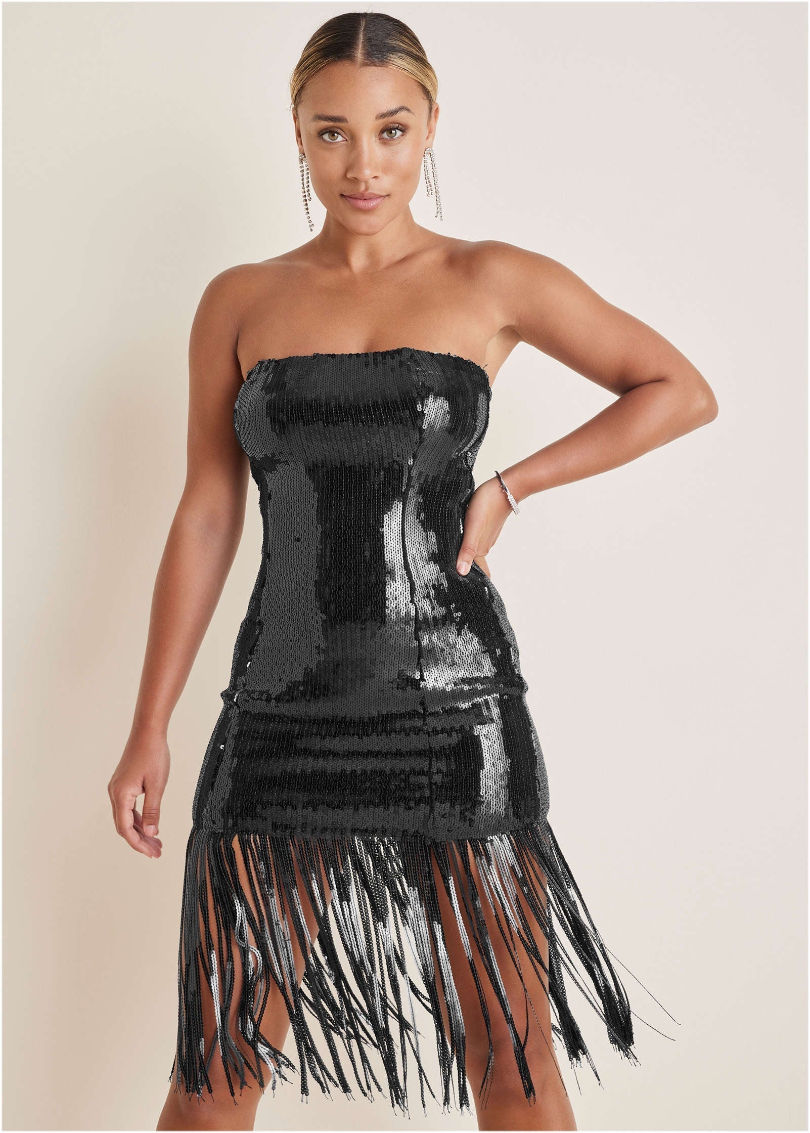 Sequined Fringe Mini Dress Jet Black