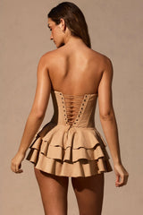 Ruffled Lace Up Corset Playsuit in Tan