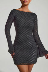 Embellished Open Back A Line Mini Dress in Black