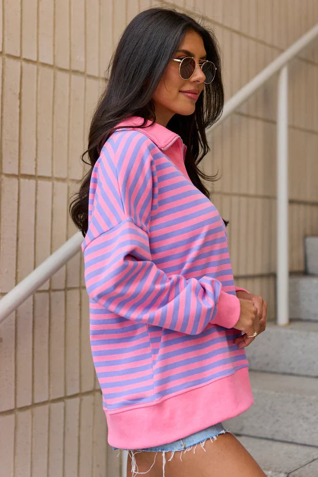 Keep It Easy Purple And Pink Striped Quarter Zip Pullover