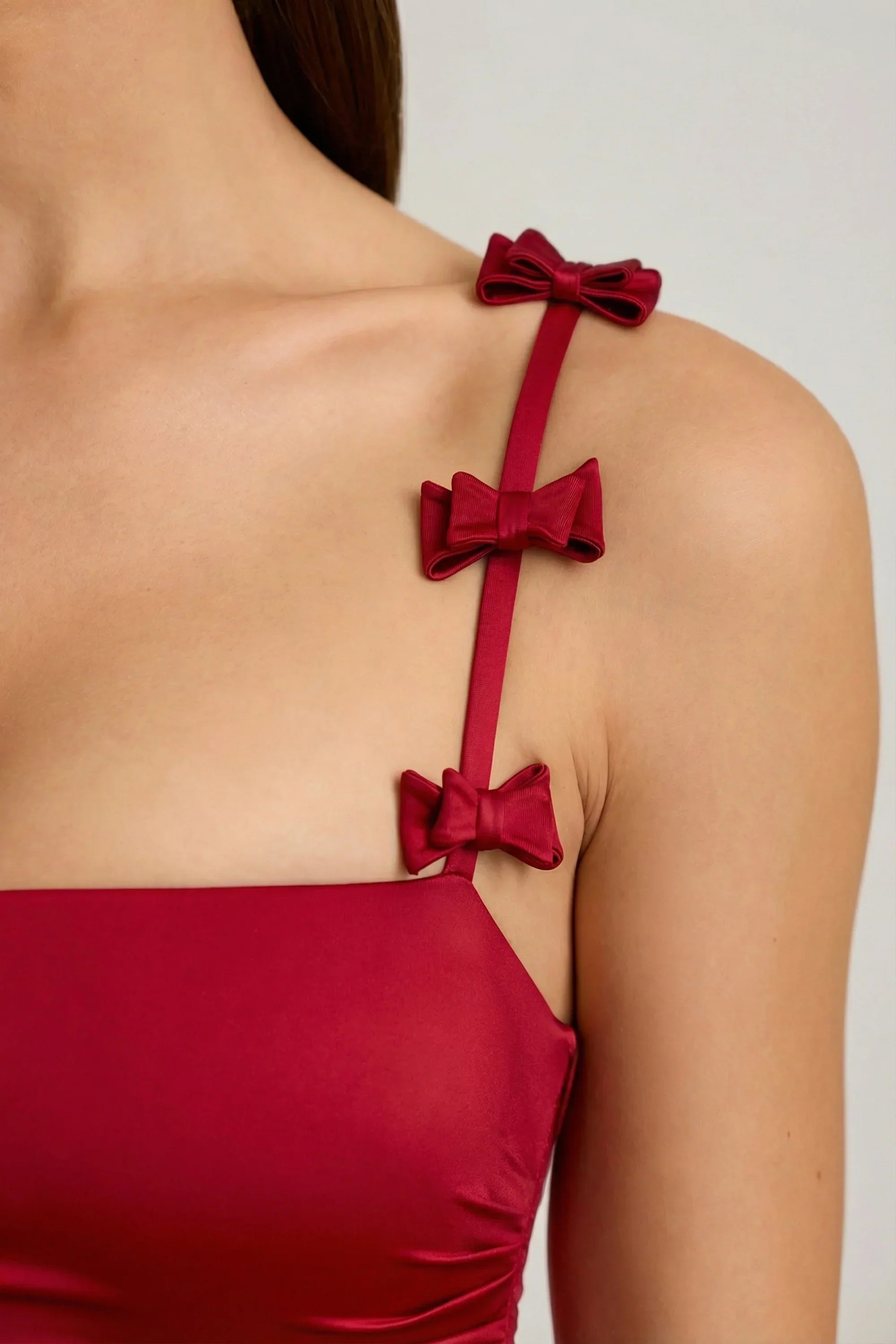 Bow Detail Ruched Bubble Hem Mini Dress in True Red