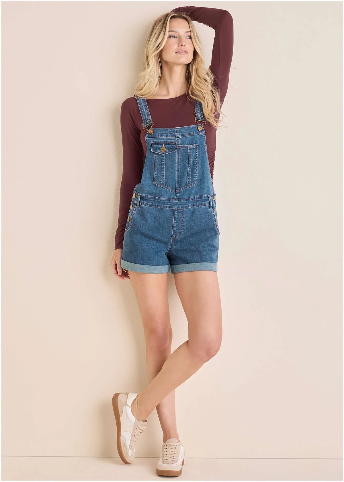 V Back Denim Overalls Medium Wash