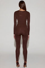 Embellished Jersey High Waisted Leggings in Chocolate Brown