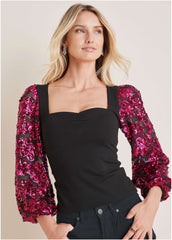 Sheer Sequined Sleeve Top Black Pink