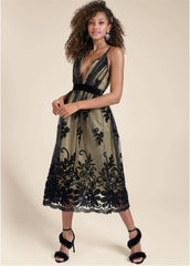 Velvet Floral Midi Dress Black Nude