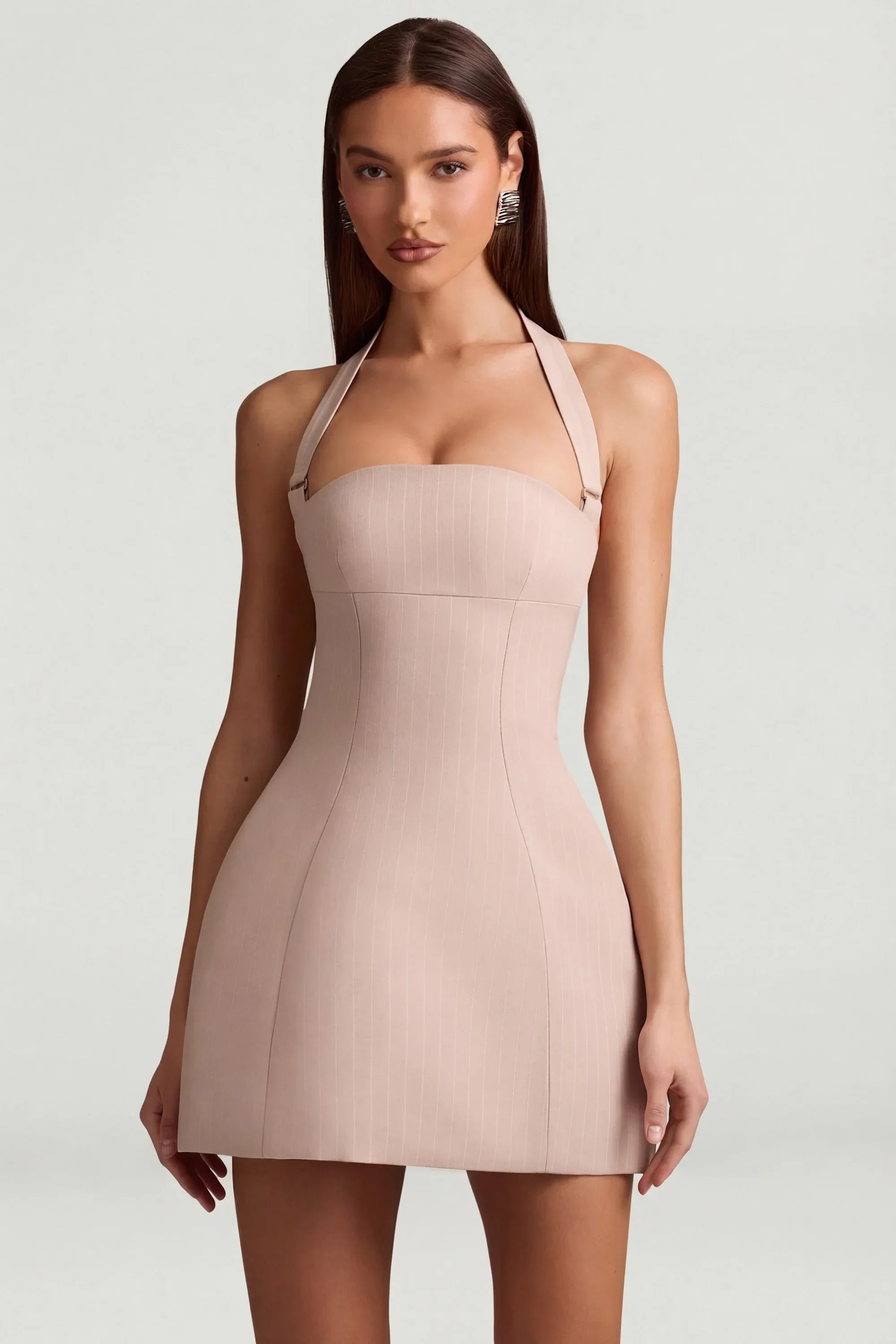 Pinstripe Halterneck Structured A Line Mini Dress in Mushroom
