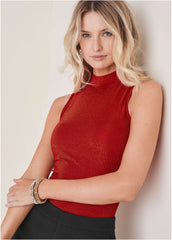 Glitter Knit Mock Neck Tank Racing Red Glitter Knit