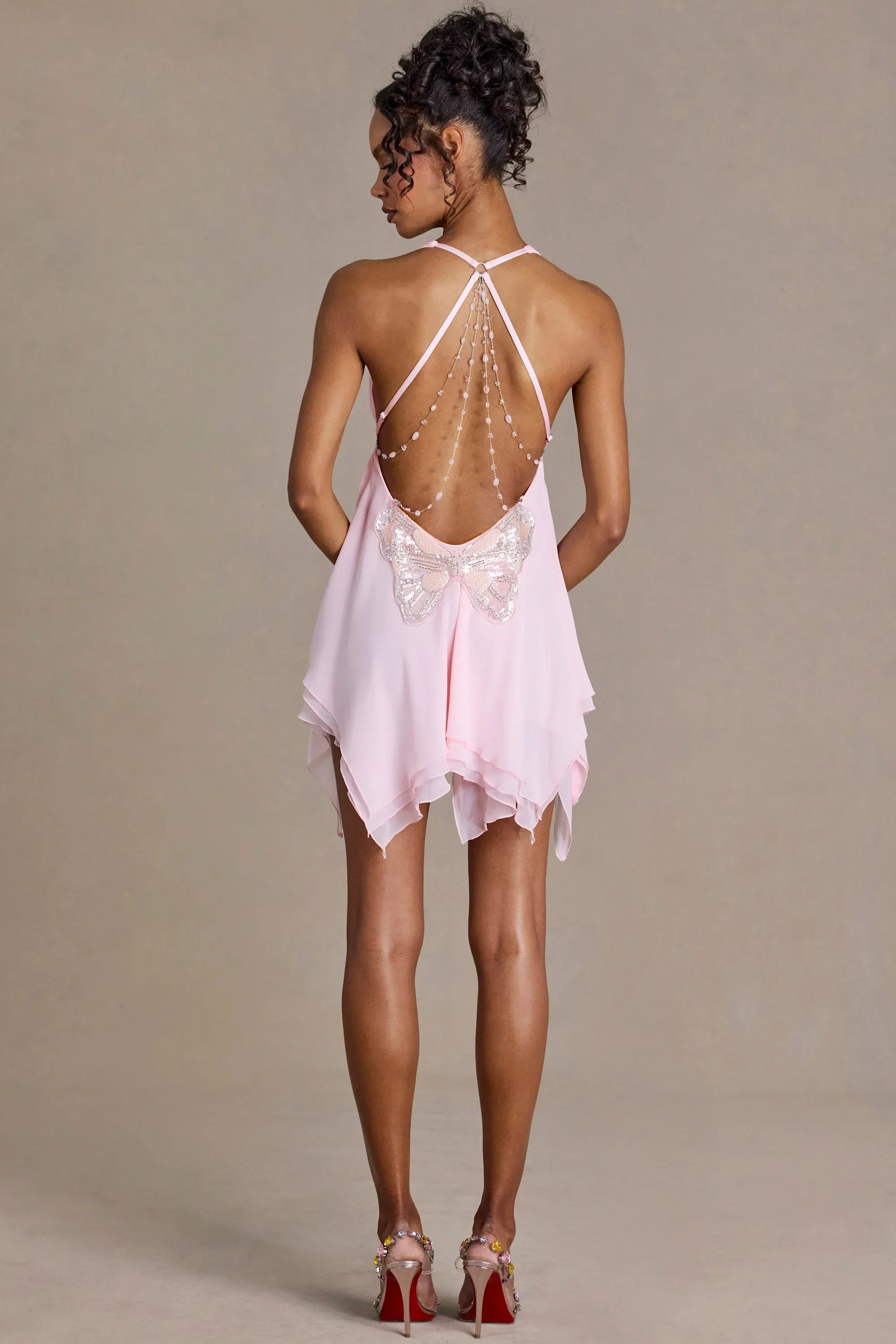 Chiffon Plunge Neck Open Back Mini Dress in Blossom