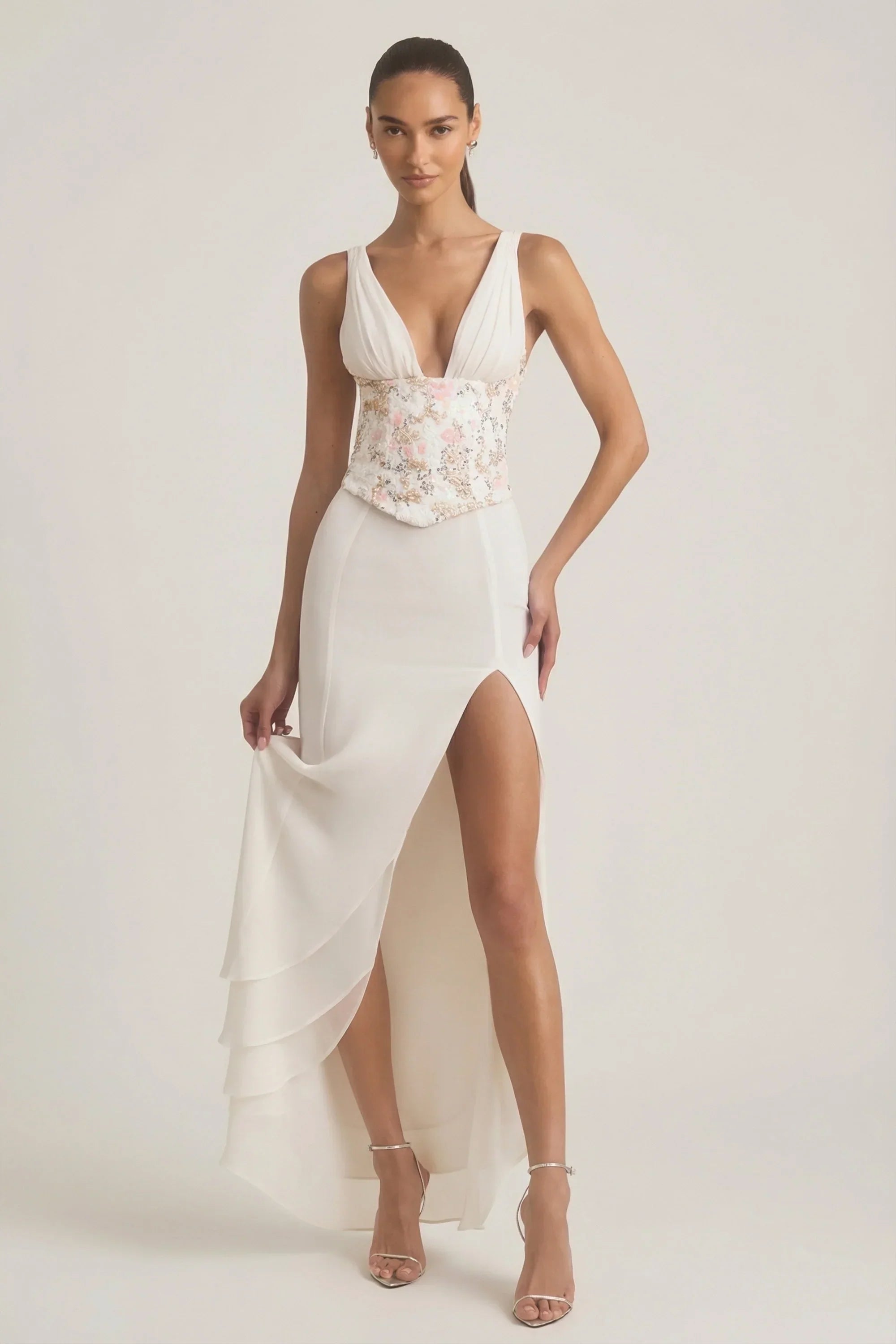 Embellished Plunge Ruffled Corset Maxi Dress in Ivory