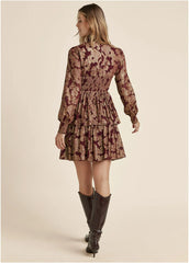 Smocked Waist Jaquard Mini Dress Wine Gold