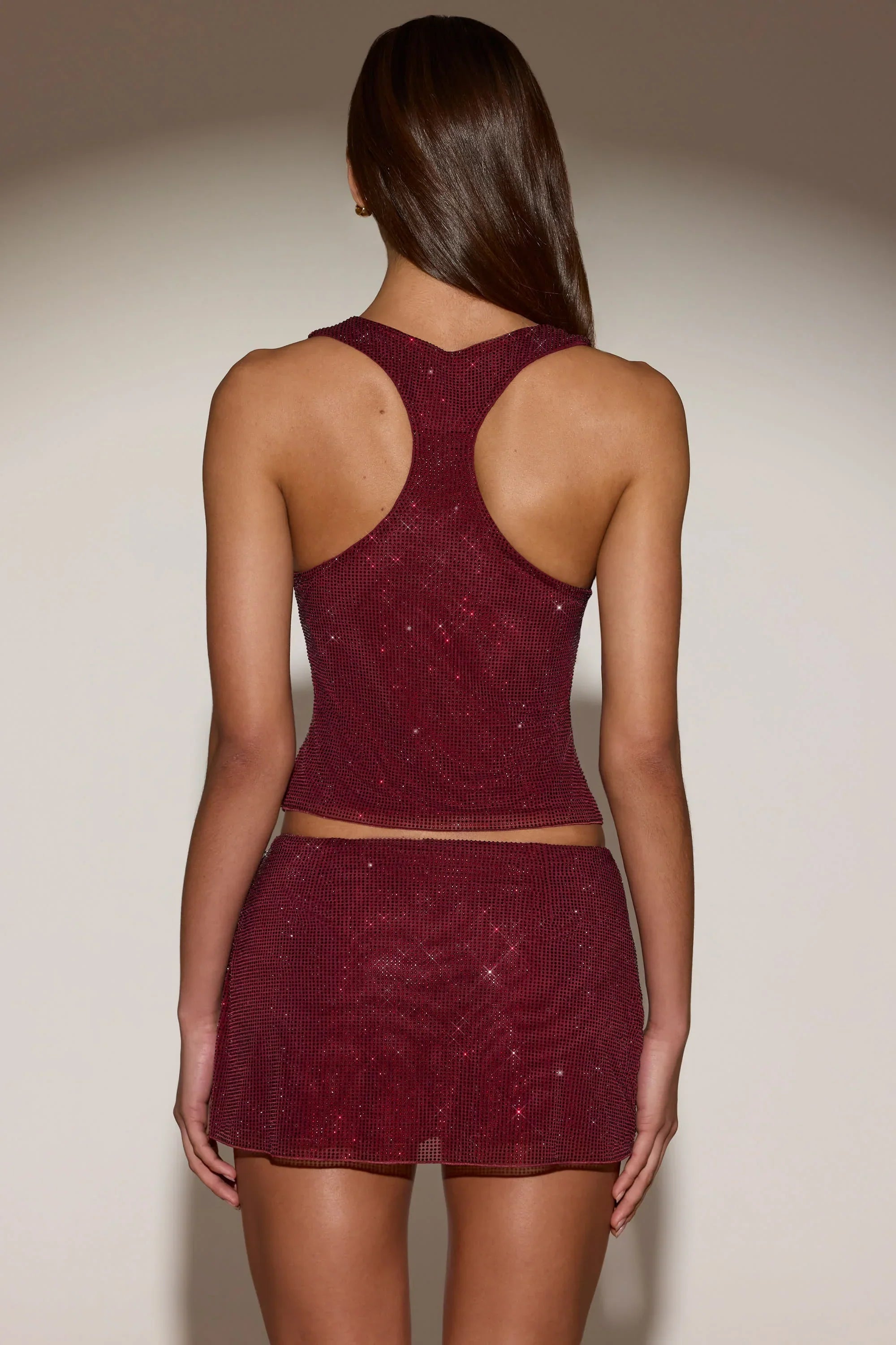 Embellished Mid Rise A Line Mini Skirt in Burgundy