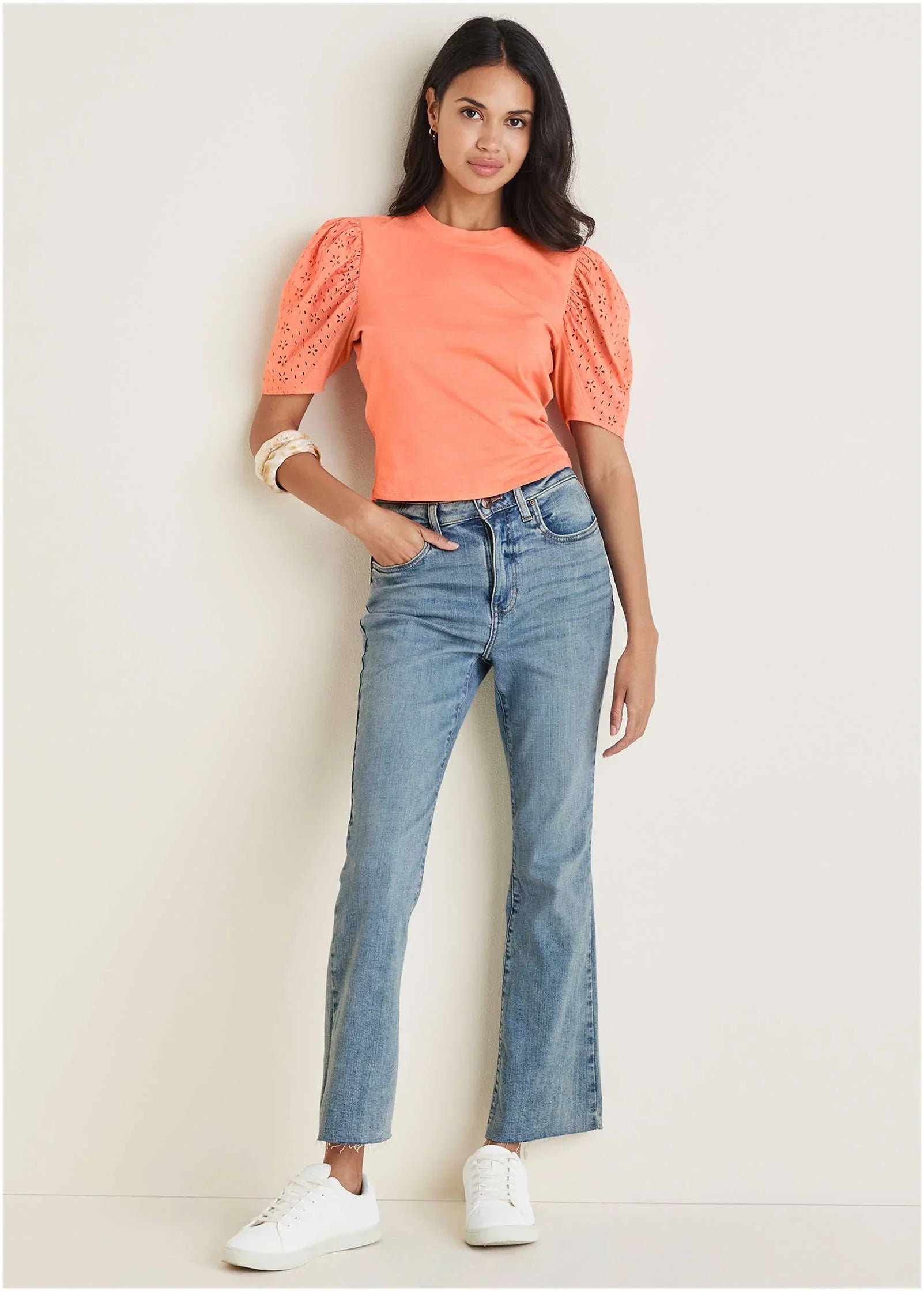 Eyelet Puff Sleeve Top Burnt Coral