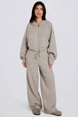 Knit Mid Rise Wide Leg Joggers in Beige