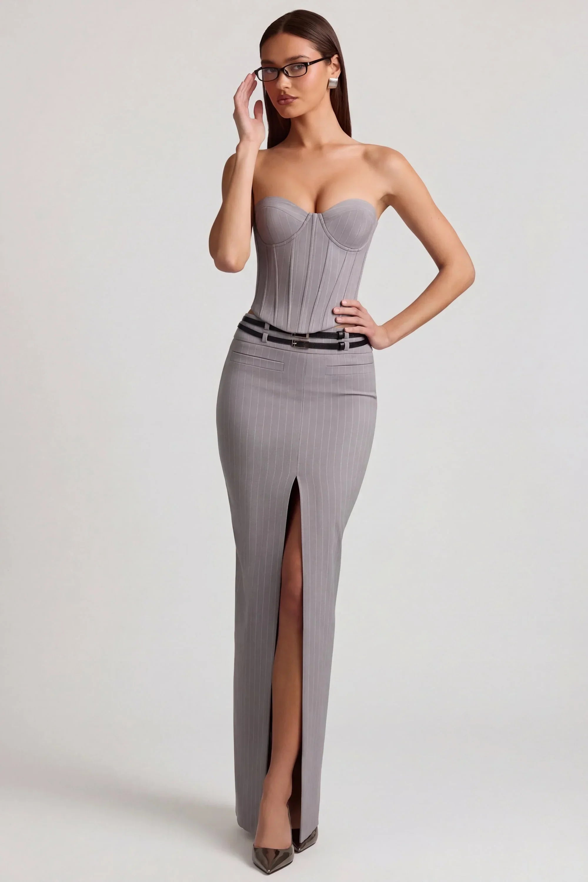 Pinstripe Low Rise Maxi Skirt in Grey