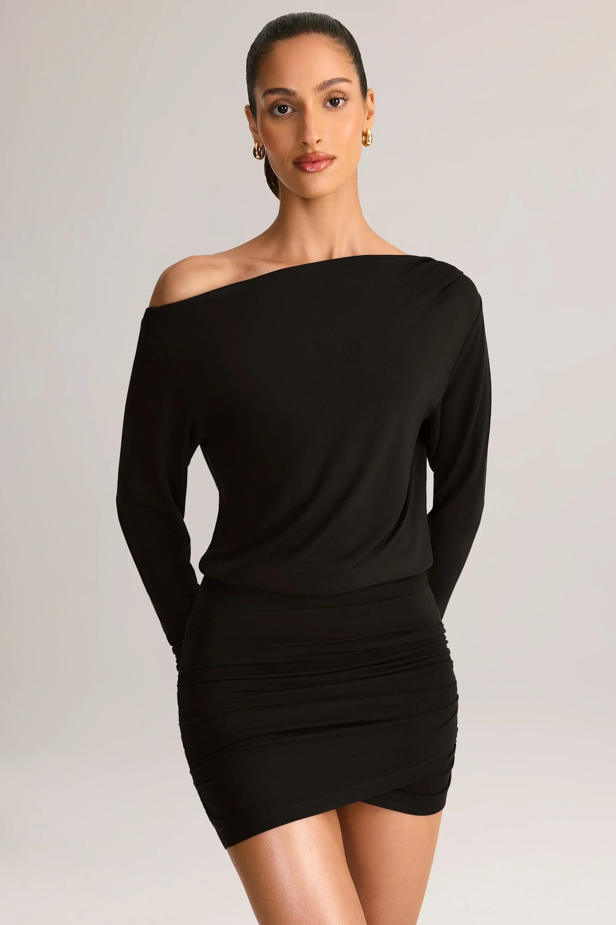 Modal Off Shoulder Wrap Mini Dress in Black
