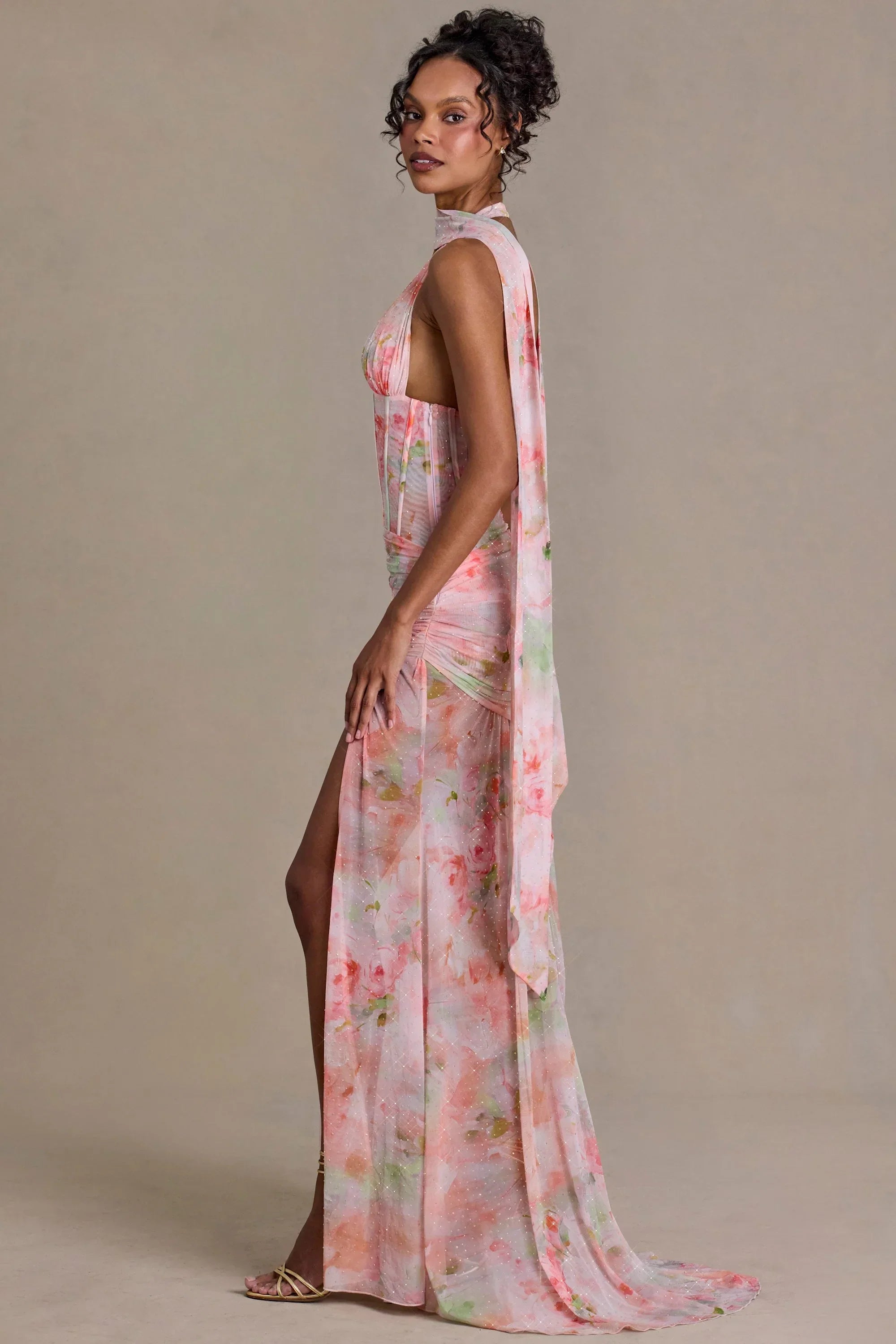Embellished Scarf Detail Maxi Dress in Pink Floral Print