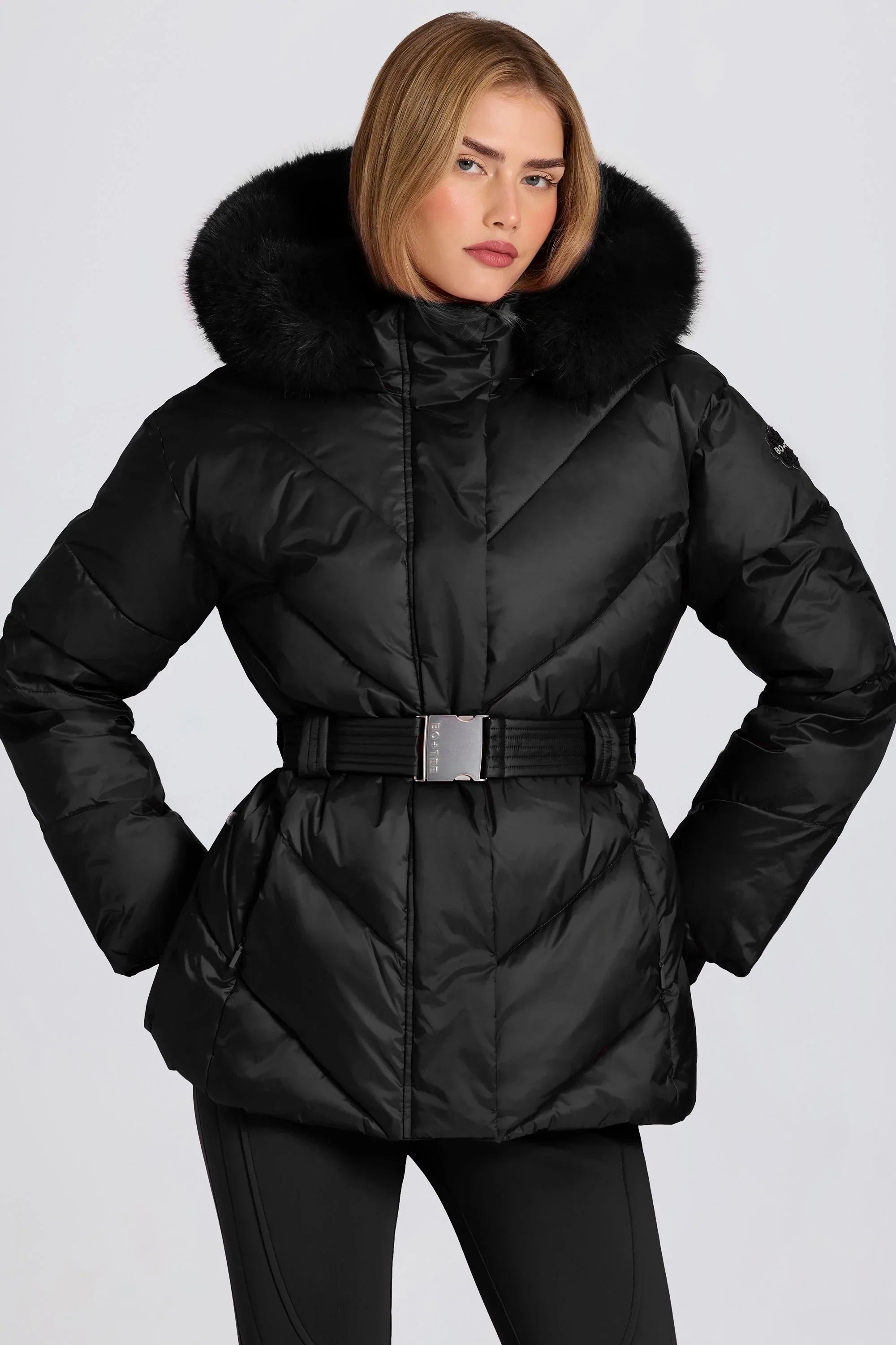 Waterproof Faux Fur Hood Ski Jacket in Black