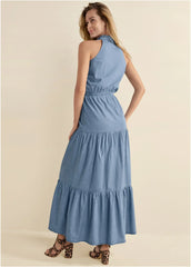 Chambray Tiered Maxi Dress Medium Wash