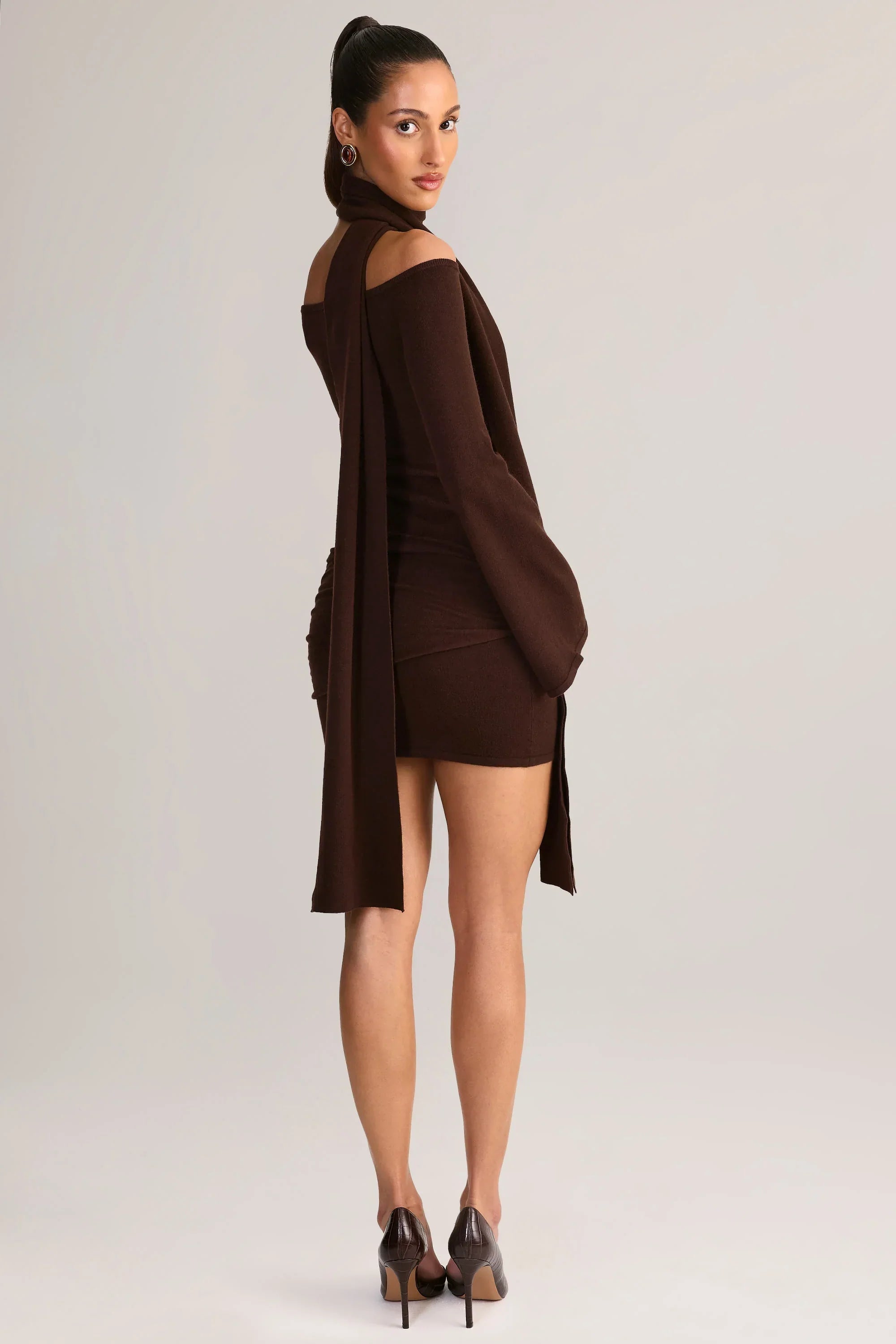 Knit Scarf Detail Off Shoulder Mini Dress in Chocolate Brown