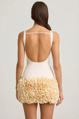 Satin Floral Appliqué Open Back Mini Dress in Ivory
