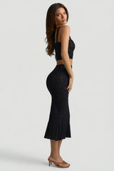 Ruffle Trim Pointelle Knit Midaxi Skirt in Black
