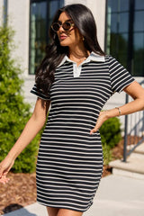 Prepared For Anything Black and White Collared Stripe Dress