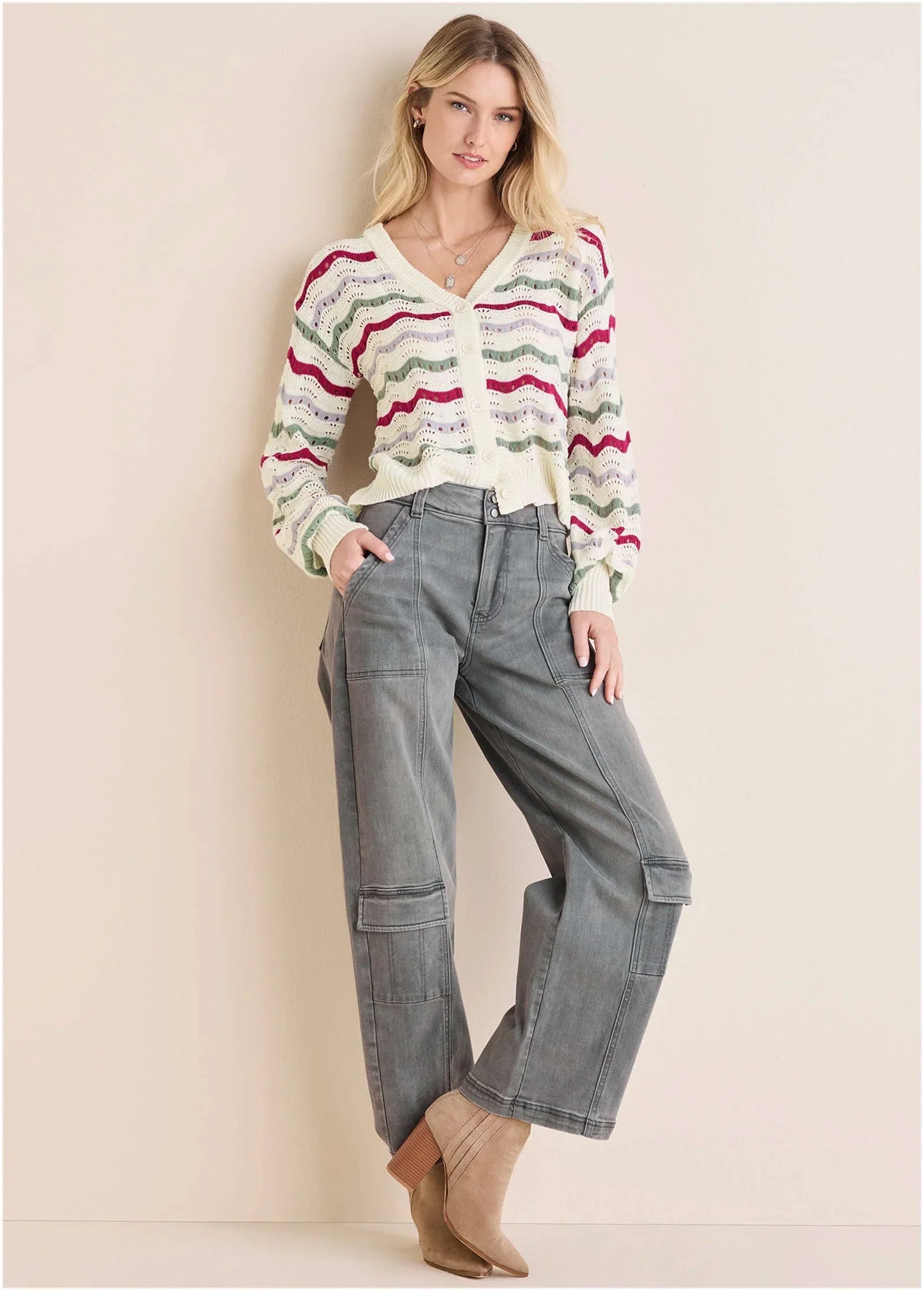 Stripe Pointelle Cardigan Grey Multi