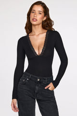 Ribbed Modal Long Sleeve Plunge Bodysuit in Black