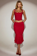 Lace Mid Rise Fluted Midi Skirt in True Red